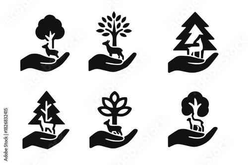 Conservation Logo Varieties. Nature conservation and wildlife protection. Icon set. Set Logo of conservation: reforestation and care. harmonious logo