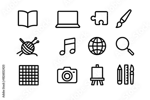 Learning and Hobbies Icons. Learning and hobbies. Line icon set of Learning and hobbies: book, laptop, puzzle, paintbrush, knitting needles, musical note,