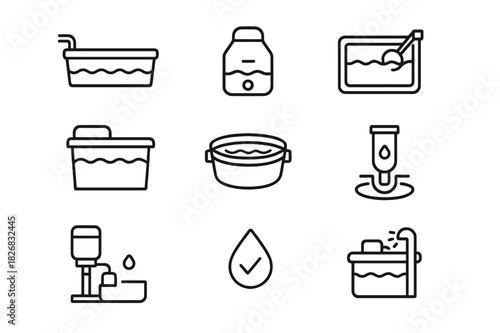 Livestock Water Systems Icons. Livestock water systems. Line icon set of livestock water systems: trough with pipe, auto waterer, float valve, insulated