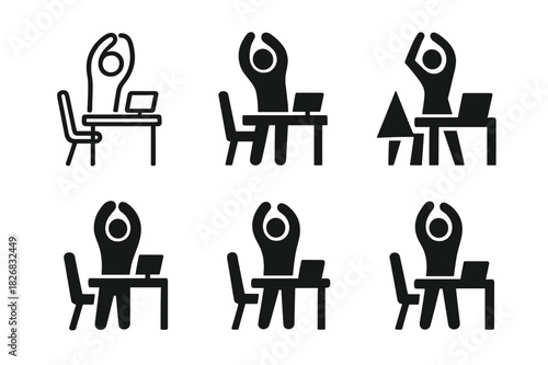 Stretch Break Logos. Taking a break from work to stretch. Icon set. Set Logo of Taking a break from work to stretch: person standing up from desk and