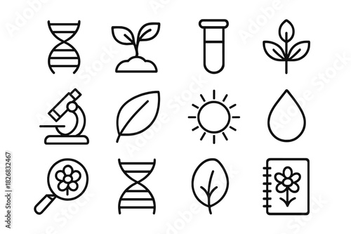 Plant Breeding Icons. Plant breeding. Line icon set of plant breeding: DNA strand, seedling, test tube, plant, microscope, leaf, sun, water droplet, magnifying