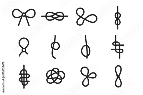 Knot Icon Collection. Knots and loops. Line icon set of knots and loops: bow knot, reef knot, figure-eight knot, double knot, overhand knot, slip knot, loop