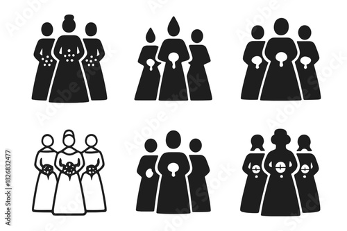 Bridesmaids Icon Set. Bridesmaids in matching dresses. Icon set. Set Logo of bridesmaids in matching dresses: Silhouette of women holding bouquets. harmonious