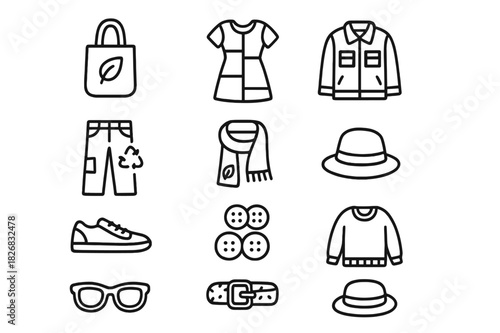 Zero Waste Fashion Icons. Zero waste fashion. Line icon set of Zero waste fashion: reusable bag, patchwork dress, upcycled jacket, recycled jeans, plant-dyed