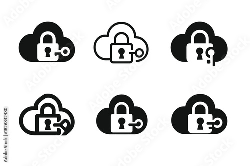 Cybersecurity Logo Variations. Cybersecurity. Icon set. Set Logo of cybersecurity: cloud with padlock and encryption key. harmonious logo variations of the