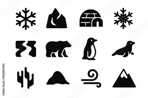 Frozen Icons Grid. Frozen world. Solid icon set of frozen world: ice crystal, iceberg, igloo, snowflake, frozen river, polar bear, penguin, seal, aurora, snow