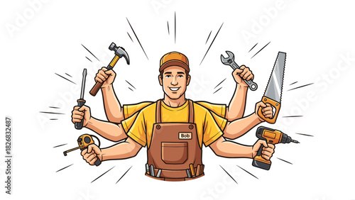 Multitasking handyman character with six arms, expertly wielding various construction and repair tools.