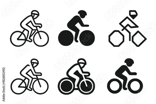Bicycle Rider Icons. Person on bicycle. Icon set. Set Logo of person on bicycle: side view of bike rider wearing helmet. harmonious logo variations of the same
