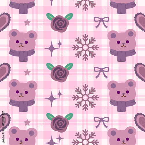 Cute Purple Teddy Bear Seamless Pattern with Snowflakes, Bows and Roses on Pink Plaid Background 