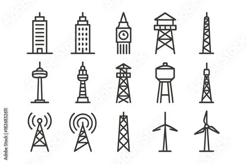 Urban Tower Icons. Urban tower overview. Line icon set of Urban tower overview: office skyscraper, mixed-use high-rise, clock tower, fire lookout tower,