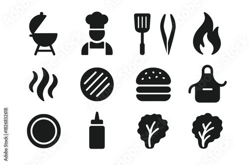 Barbecue Icon Set. Barbecue cooking. Solid icon set of Barbecue cooking: grill, chef, spatula, tongs, flame, smoke, burger patty, hamburger bun, apron, plate,