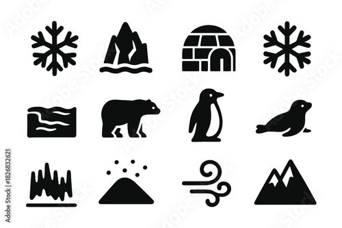Frozen Icons Grid. Frozen world. Solid icon set of frozen world: ice crystal, iceberg, igloo, snowflake, frozen river, polar bear, penguin, seal, aurora, snow