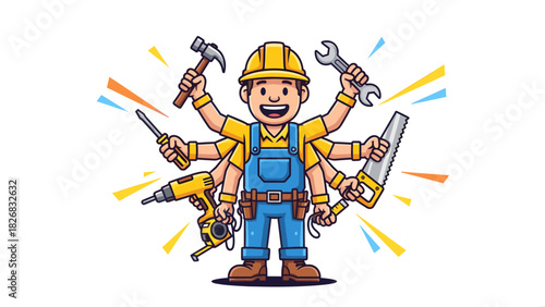 Cartoon illustration of a construction worker with multiple arms holding various tools, smiling.