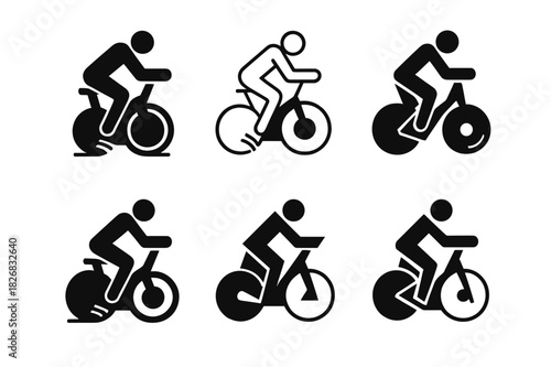 Cycling Icon Set. A person practicing indoor cycling, focused on endurance and intensity. Icon set. Set Logo of A person practicing indoor cycling, focused on