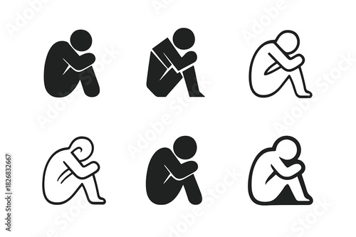 Emotional Icon Logos. Emotional Pain. Icon set. Set Logo of Emotional Pain: person sitting curled up. harmonious logo variations of the same emblematic