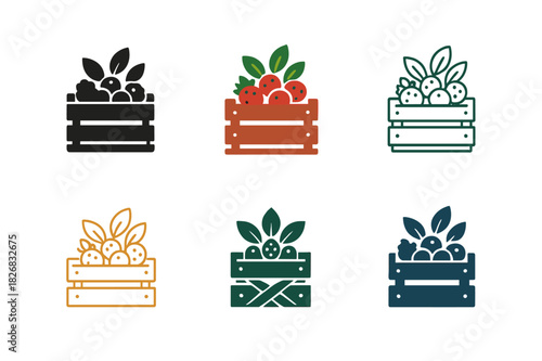 June Market Logos. June farmer?s market. Icon set. Set Logo of June farmer?s market: seasonal berries crate. harmonious logo variations of the same emblematic