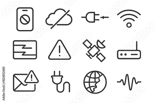 Digital Disconnection Icons. Digital disconnection. Line icon set of digital disconnection: phone off, cloud with slash, cable unplugged, wifi signal lost,