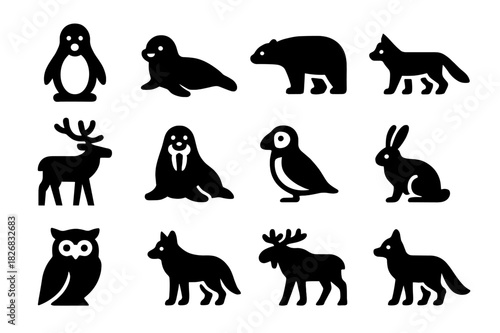 Arctic Animals Icons. Snow and ice creatures. Solid icon set of Snow and ice creatures: penguin, seal, polar bear, arctic fox, reindeer, walrus, puffin, snow