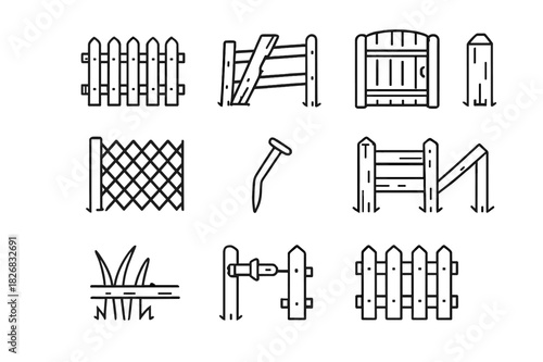 Old Fence Icons. Old Fence. Line icon set of Old Fence: wooden fence, broken plank, gate, post, wire mesh, leaning post, rusty nail, fence corner, overgrown