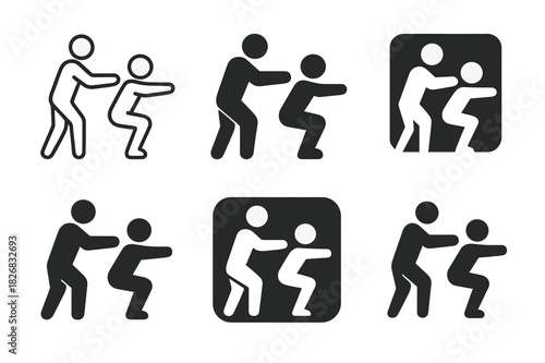 Squat Form Logos. A personal trainer demonstrating a workout move for a client. Icon set. Set Logo of a personal trainer demonstrating a workout move for a