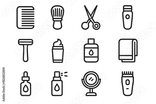 Beard Grooming Icons. Beard grooming. Line icon set of beard grooming: beard comb, beard brush, scissors, trimmer, razor, shaving cream, aftershave, towel, oil