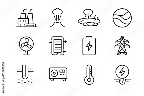 Geothermal Energy Icons. Geothermal energy. Line icon set of geothermal energy: geothermal plant, steam vent, hot spring, earth layers, turbine, heat