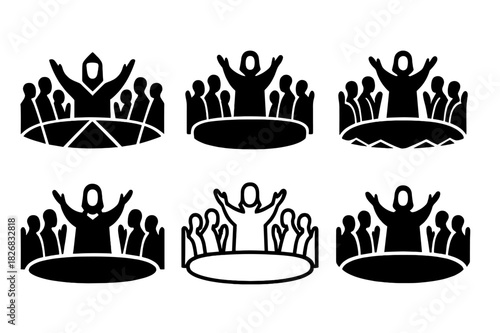 Emblematic Last Supper Logos. Last Supper. Icon set. Set Logo of Last Supper: apostles with raised hands. harmonious logo variations of the same emblematic