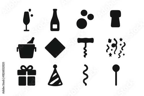 Party Icon Set. Party toast. Solid icon set of Party toast: champagne flute, bottle, bubbles, cork, ice bucket, cocktail napkin, wine opener, confetti, gift