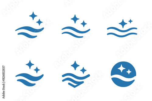 Glimmering Water Logos. Glimmering water. Icon set. Set Logo of glimmering water: light reflecting ripples. harmonious logo variations of the same emblematic