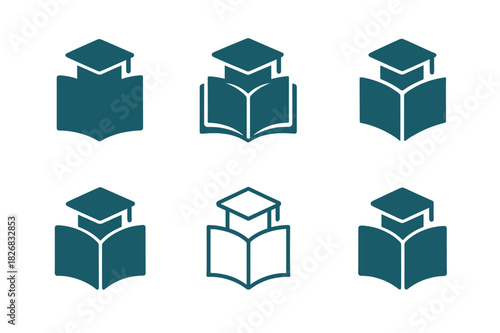Academic Icon Emblems. textbook. Icon set. Set Logo of textbook: academic subject icons. harmonious logo variations of the same emblematic concept, each with