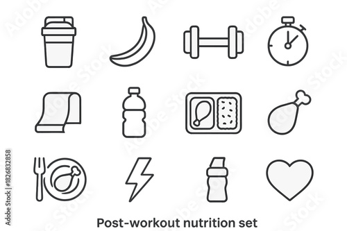 Post-Workout Icon Set. Post-workout nutrition. Line icon set of post-workout nutrition: protein shake, banana, dumbbell, stopwatch, towel, water bottle, meal