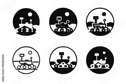 Space Icon Variations. Space exploration and planetary colonization. Icon set. Set Logo of space exploration and planetary colonization: Mars rover. harmonious