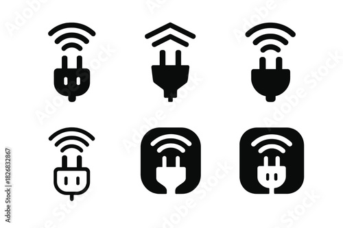 Smart Plug Icons. Smart plugs. Icon set. Set Logo of smart plugs: plug with Wi-Fi signal. harmonious logo variations of the same emblematic concept, each with