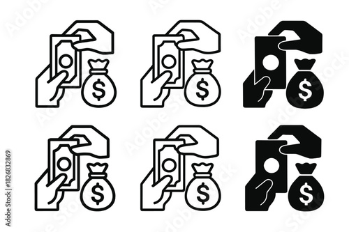 Money Bag Logos. Counting foreign money. Icon set. Set Logo of money bag. harmonious logo variations of the same emblematic concept (Abstract geometric,