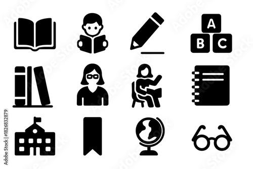 Literacy Icon Collection. Literacy Development. Solid icon set of open book, child reading, pencil, alphabet blocks, library, teacher, storytelling, notebook,