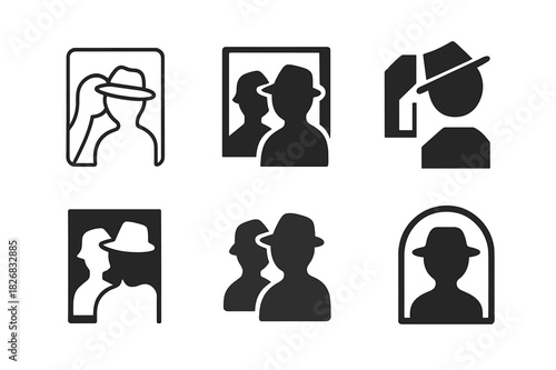 Hat Logo Variations. Trying on a hat in a mirror. Icon set. Set Logo of trying on a hat: person with hat in front of mirror. harmonious logo variations of the