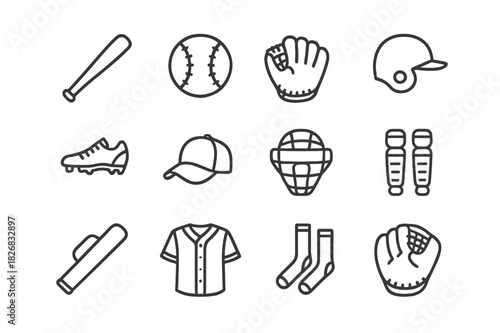Baseball Equipment Icons. Baseball equipment. Line icon set of baseball equipment: bat, ball, glove, helmet, cleats, cap, catcher mask, shin guards, bat bag,