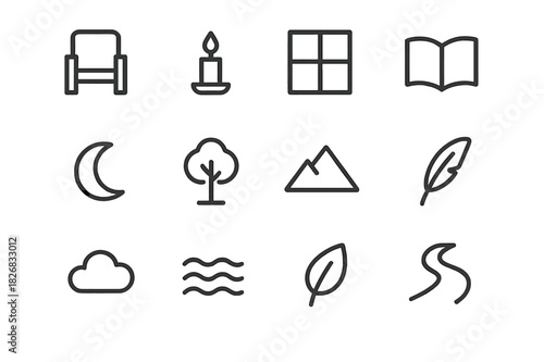 Solitude Icon Set. Solitude and peace. Line icon set of solitude and peace: chair, candle, window, book, moon, tree, mountain, feather, cloud, wave, leaf,