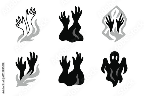 Whispering Spectral Logos. Whispers of torment in the air. Icon set. Set Logo of whispers of torment in the air: ghostly hands reaching. harmonious logo