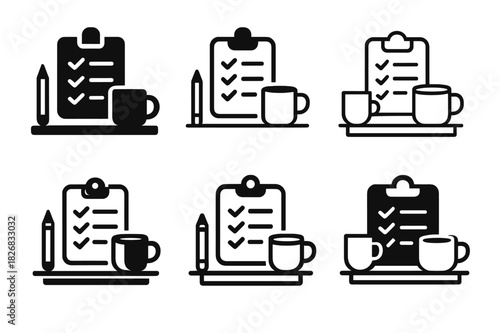 Morning Checklist Icons. Planning the workday with a morning checklist. Icon set. Set Logo of planning the workday with a morning checklist: organized desk