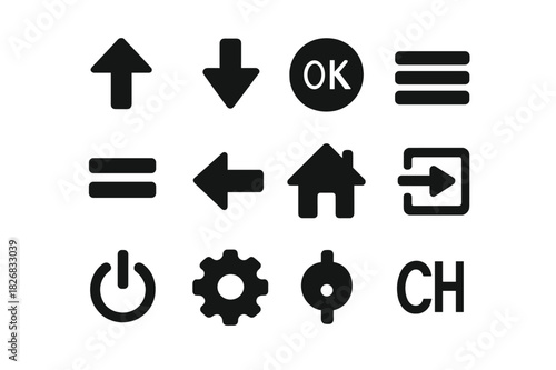 TV Navigation Icons. TV navigation. Solid icon set of TV navigation: up arrow, down arrow, left arrow, right arrow, OK button, menu, back button, home icon,