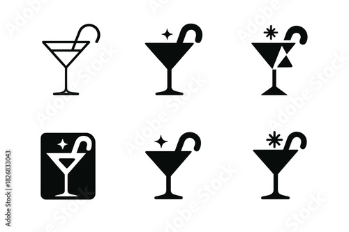 Festive Cocktail Icons. Holiday cocktail ideas for Christmas and New Year. Icon set. Set Logo of holiday cocktail ideas for Christmas and New Year: festive