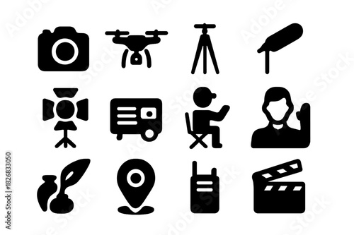 Film Equipment Icons. On-location shoot. Solid icon set of on-location shoot: camera, drone, tripod, boom mic, lighting kit, generator, director, actor, props,