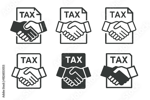 Corporate Tax Logos. Corporate tax policies. Icon set. Set Logo of corporate tax policies: handshake over tax form. harmonious logo variations of the same