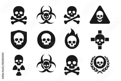 Skull Icon Collection. Skull symbols. Solid icon set of skull symbols: skull with crossbones, biohazard skull, toxic skull, danger skull, warning skull,