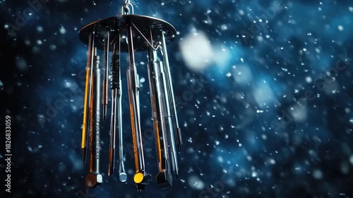 Video A wind chime hangs from a chain in the snowy environment, perfect for winter decorations or s
