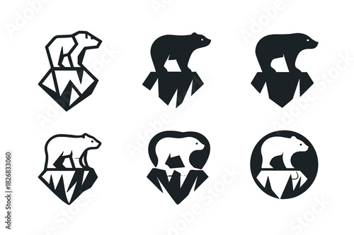 Surreal Climate Icons. Climate change visualizations in surreal art. Icon set. Set Logo of climate change visualizations in surreal art: polar bear on iceberg.