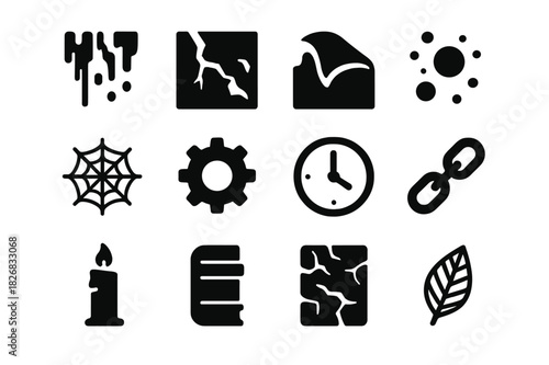 Decay and Time Icons. Decay and Time. Solid icon set of Decay and Time: rust mark, cracked surface, peeling paint, dust particle, cobweb, gear, clock, chain,