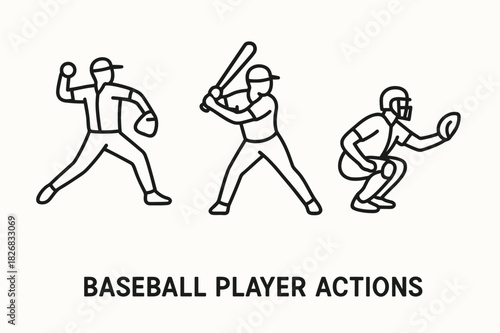 Baseball Player Actions. Baseball player actions. Line icon set of baseball player actions: pitcher throw, batter swing, catcher squat