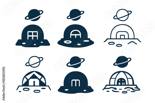 Planetary Exploration Logos. Space exploration and planetary colonization. Icon set. Set Logo of space exploration and planetary colonization: planetary base